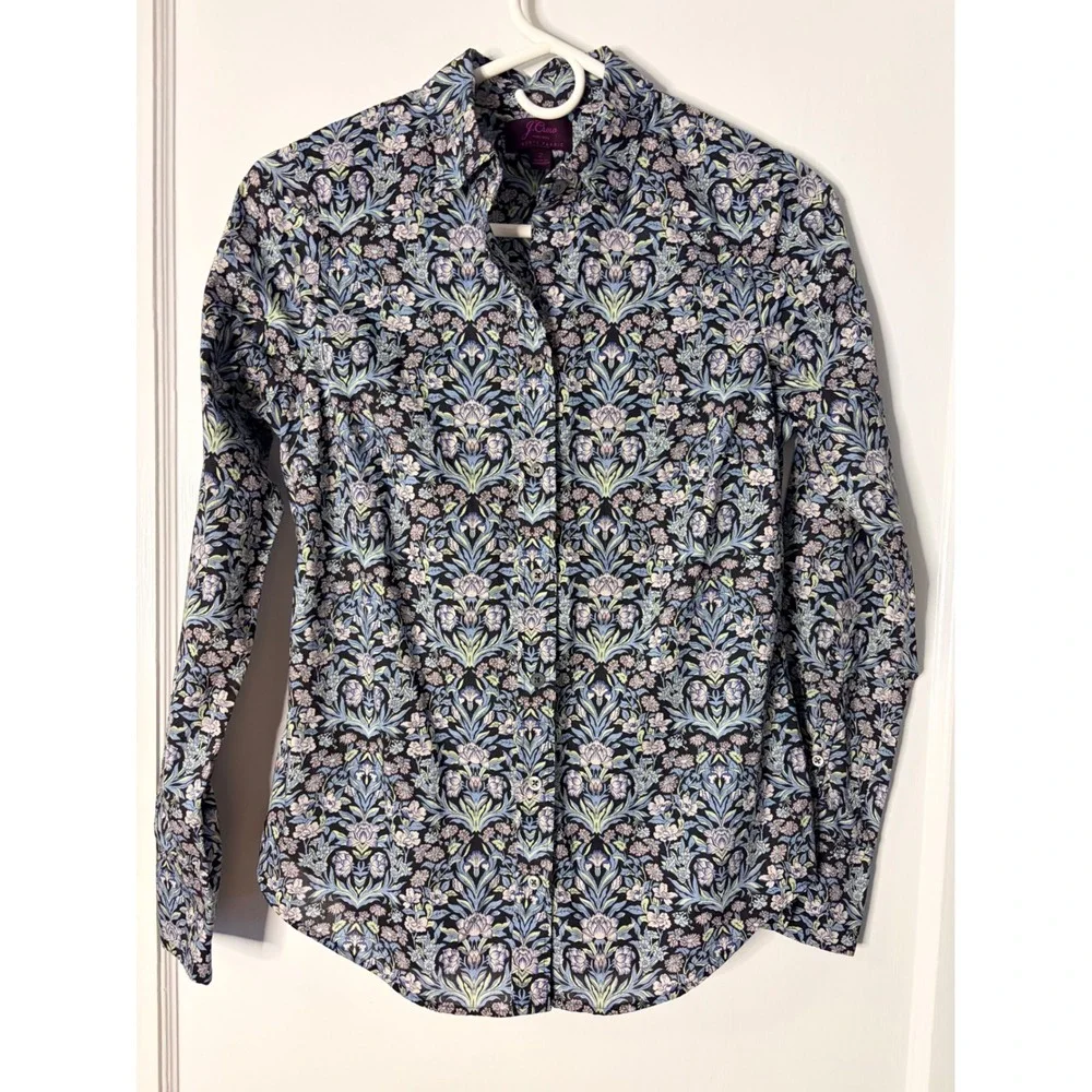 J.Crew Liberty Fabric Floral Damask Button Down Shirt Womens 2 Blue Long Sleeve